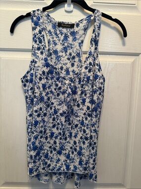 Beware! Blue & White Floral Racerback Scoop Tank Size Small